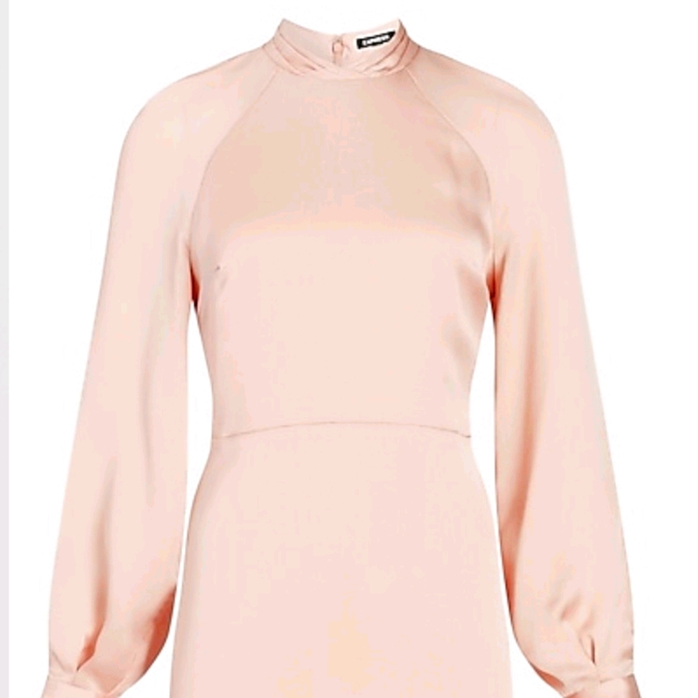Mock Neck Satin Balloon Sleeve Dress